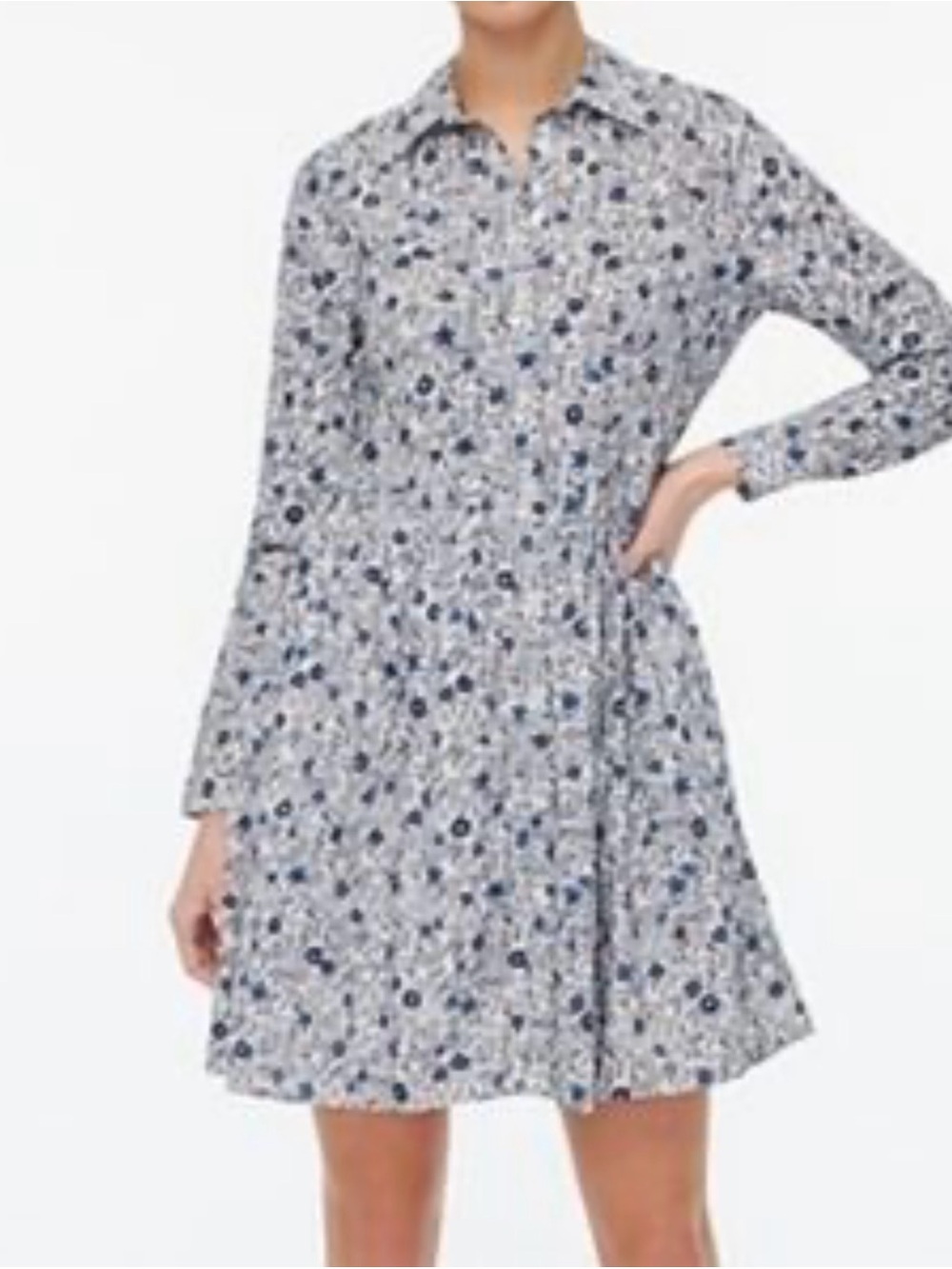 J. Crew White Dress with Blue Floral Print — Long Sleeve Dress